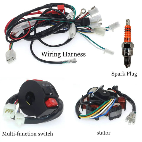All In One ATV Wiring Harness Kit For 50cc To 150cc Go Karts Scooters And Pit Bikes GY6 Compatible with spark plug, multi-function switch, and stator components.