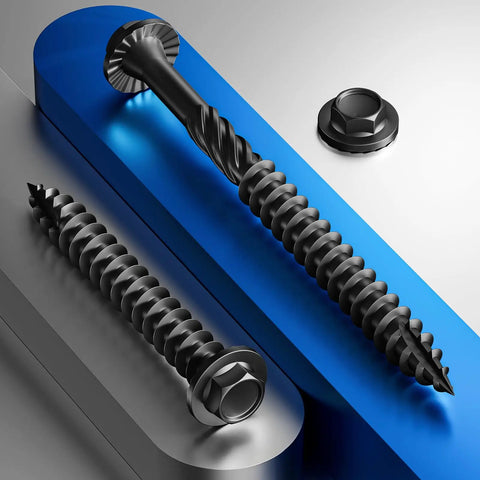 Built Tough Heavy Duty Black Hex Exterior Lag Screws 12x4 Inches Rust Resistant Washer Head, close-up view.