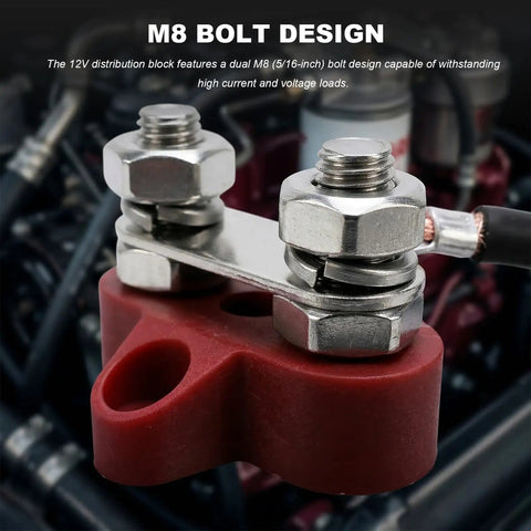 Two Pack Battery Terminal Distribution Block With M8 Dual Studs For Car Auto Boat Truck And RV Heavy Duty 12V Power Busbar Block Negative Positive Keeps Wiring Neat, red M8 stud terminal