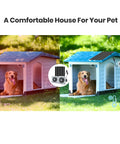 Side-by-side comparison of pet house without and with solar panel cooling system for temperature control.