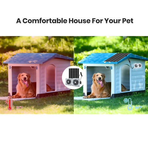 Side-by-side comparison of pet house without and with solar panel cooling system for temperature control.
