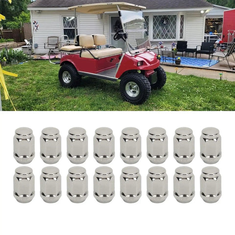 Upgrade Your Ride With These 16 Pc Chrome Lug Nuts For G1 Golf Carts, Perfect Fitment For Ezgo And Club Car Tires To Securely Fasten Wheels And Keep It Looking Fresh For Years. 16 chrome steel lug nuts with 1/2-20 thread for G1 golf cart wheels