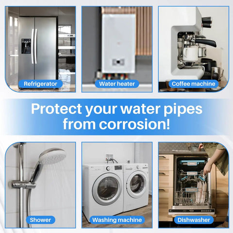 Infographic showing appliances protected by filtration: refrigerator, water heater, coffee machine, shower, washing machine, dishwasher.