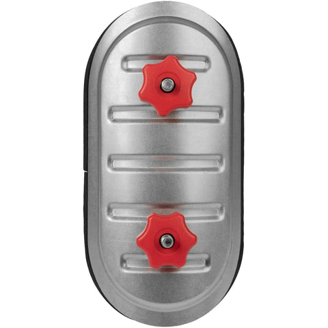 Front view of 6-inch round duct access door with silver metal body and two red tightening knobs