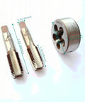 Rugged Right Hand M14 x 1.5 Metric Hand Tap And Die Set with 1 taper tap, 1 plug tap, and 1 round die for metalworking projects.