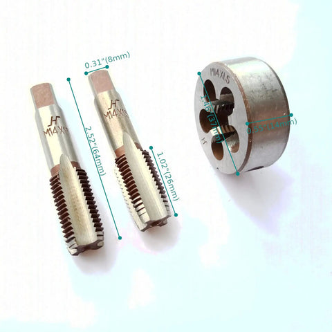Rugged Right Hand M14 x 1.5 Metric Hand Tap And Die Set with 1 taper tap, 1 plug tap, and 1 round die for metalworking projects.