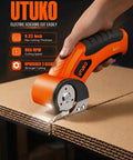 800 RPM Brushless Cordless Cardboard Cutter For Fast, Smooth Box Cutting, Beast Mode Pro Grade Tool With 3500mAh Battery, Powers Through Cardboard, Cartons, Plastic, Leather, Carpet, And More, orange hand-held cutter slicing corrugated cardboard