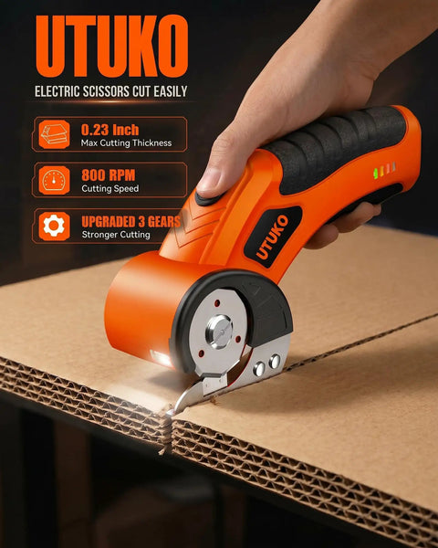 800 RPM Brushless Cordless Cardboard Cutter For Fast, Smooth Box Cutting, Beast Mode Pro Grade Tool With 3500mAh Battery, Powers Through Cardboard, Cartons, Plastic, Leather, Carpet, And More, orange hand-held cutter slicing corrugated cardboard