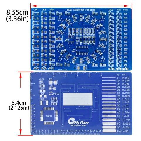 DIY Soldering Practice Kit For SMD SMT Welding Training Board EK7026 with water lamp circuit, back ruler in inches and mm.