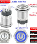 IP67 Waterproof Latching Push Button Switch 15A 12-24V DC With LED Angel Eye Light 16mm Hole SPST 1NO Stainless Steel 304
