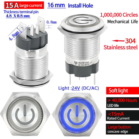 IP67 Waterproof Latching Push Button Switch 15A 12-24V DC With LED Angel Eye Light 16mm Hole SPST 1NO Stainless Steel 304