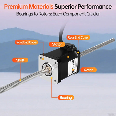 Front view of YEJMKJ NEMA 17 through-shaft stepper motor with threaded shaft and 300mm T8 cable
