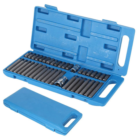 40 Piece Star Spline Hex Socket Bit Set With One Half Inch And Three Eighth Inch Square Drive in blue toolbox open view