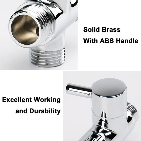 Close-up of Solid Brass G One Half Inch Shower Arm With All Metal Universal 3-Way Diverter Valve, chrome finish detail.