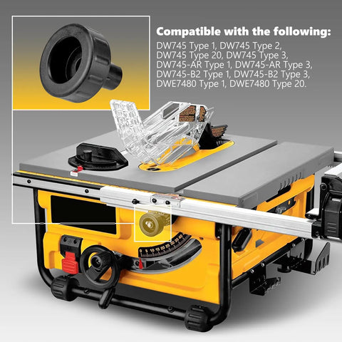 Heavy Duty Replacement Fence Knob For Dewalt Table Saw Compatibility Dw745 Dw745Ar Dw745B2 Dw7480 Dead On Part 514003228 Drop In Fit shown on table saw with blade and controls.