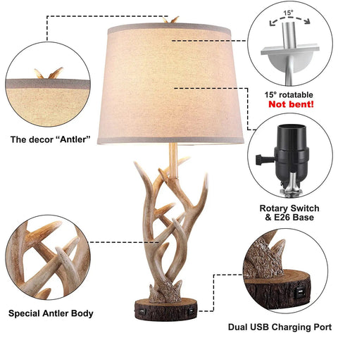 Rustic Western Farmhouse Table Lamp Set Of 2, 26 Inch Tall With USB Ports, Natural Antler Design In Rustic Brown For Bedroom