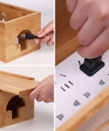 Close-up of Extra Large Bamboo Cable Management Box With Lid For Cords And Power Strips Or Surge Protectors showing cable setup.
