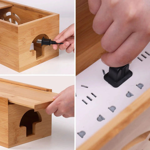 Close-up of Extra Large Bamboo Cable Management Box With Lid For Cords And Power Strips Or Surge Protectors showing cable setup.