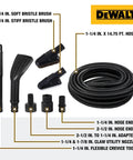 Car Detailing Vacuum Hose Accessory Kit with 14.75 ft flexible hose, crevice tool, soft and stiff brushes, and nozzles displayed