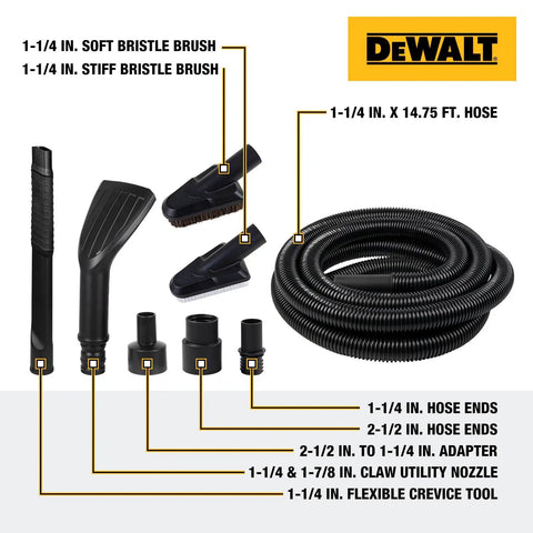 Car Detailing Vacuum Hose Accessory Kit with 14.75 ft flexible hose, crevice tool, soft and stiff brushes, and nozzles displayed