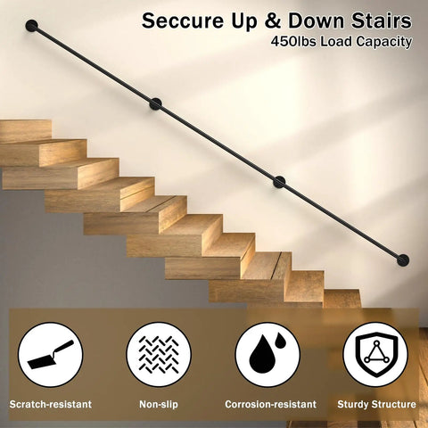 Badass Strength 10 Foot Stair Handrail And Heavy Duty Wall Mount Metal Pipe Railing For Indoor Outdoor Use Carrying Up To 450 Pounds Easily Secured For Rock Solid Grip Daily mounted on wooden stairs.