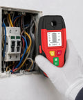 Stud Finder 6-in-1 Wall Scanner Metal Detector Live Wire(Red) held against a wall panel with exposed wires.