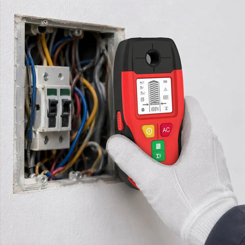 Stud Finder 6-in-1 Wall Scanner Metal Detector Live Wire(Red) held against a wall panel with exposed wires.