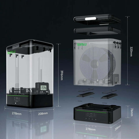 3Kg Filament Dryer SP2 with storage box for 1.75mm and 2.85mm filaments, transparent view showing spool space, 396mm height
