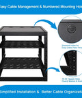 12U Open Frame Network Rack with 2x 14in vented 1U shelves, grommet holes, and numbered mounting holes for cable management.