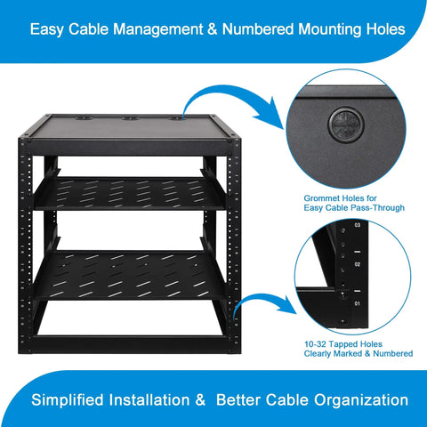 12U Open Frame Network Rack with 2x 14in vented 1U shelves, grommet holes, and numbered mounting holes for cable management.