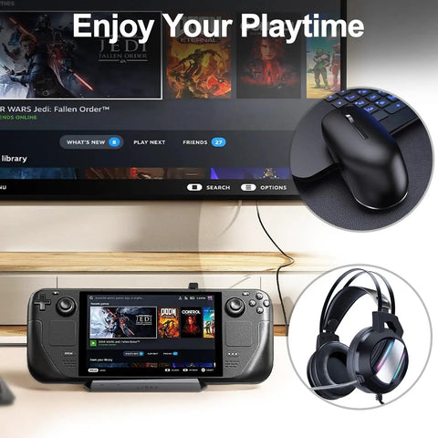 Gaming setup with a monitor displaying games, handheld console, wireless mouse, and gaming headphones, "Enjoy Your Playtime" text.