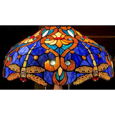 Close-up of Julia Tiffany Style Dragonfly 2 Light Table Lamp With Shade Handcrafted Glass Art In Gem Tones Dragonfly Motif