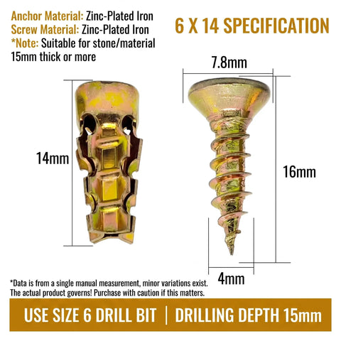 Heavy Duty 6x14mm Short Expansion Screws Kit For Cabinet Door Hinge Repair And Stripped Thread Fix zinc plated