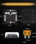 Pro Level 6 Way Fuse Block With Rugged Waterproof Build And Snappy Led Alerts Comes Stacked With Blades To Keep Your Rig Boats Or RV Circuits Humming Smooth detailed size specifications and layout.