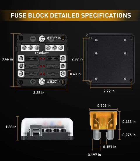 Pro Level 6 Way Fuse Block With Rugged Waterproof Build And Snappy Led Alerts Comes Stacked With Blades To Keep Your Rig Boats Or RV Circuits Humming Smooth detailed size specifications and layout.