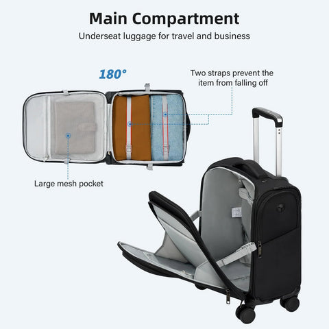 HanTrip 16-inch underseat luggage with wheels, black; open interior shows large mesh pocket and two strapped compartments.