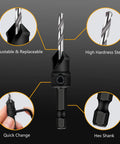 Woodworking Pro Grade Countersink Drill Bit Set 11 Piece With Adjustable Depth And Tapered Countersink Bits Replaceable Pilot Bits Allen Wrench Quick Change Hex Shank In Three Eighths Inch Storage Box features