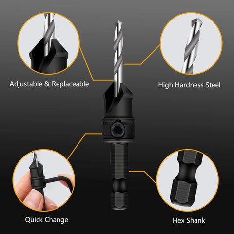 Woodworking Pro Grade Countersink Drill Bit Set 11 Piece With Adjustable Depth And Tapered Countersink Bits Replaceable Pilot Bits Allen Wrench Quick Change Hex Shank In Three Eighths Inch Storage Box features