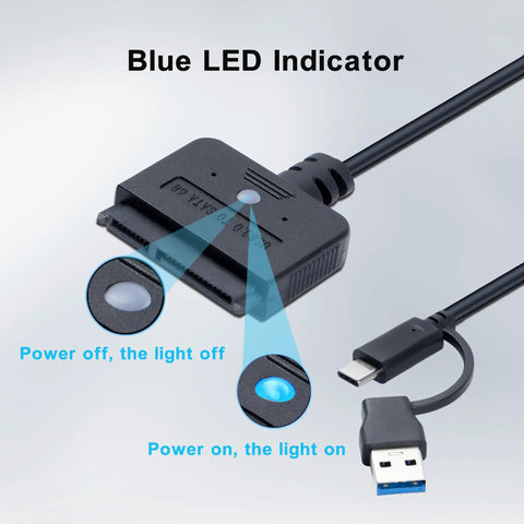 Plug And Play Dual Port USB A And Type C SATA HDD SSD To USB Adapter With 30W Power, UASP 5Gbps High Speed Transfer For Fast Data Recovery, Works With PC Laptop And Mac, Supports 2.5 And 3.5 Inch Drives, 1.6 Foot Cable blue LED indicator