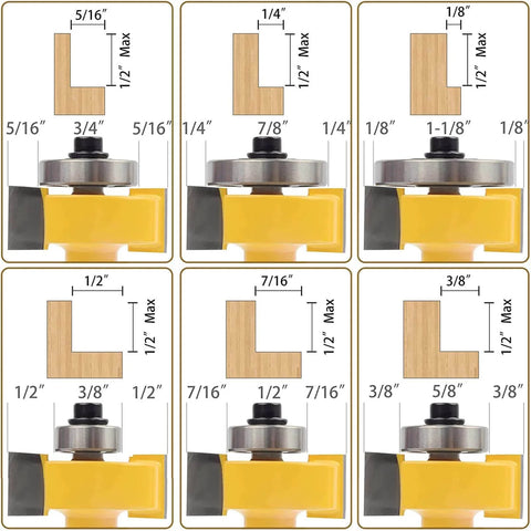 1/2 Inch Shank Rabbet Router Bit Set With Six Adjustable Bearings Pro Grade Carbide Tipped Rabbeting Bits