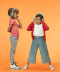 Two children wearing Kids Noise Canceling Headphones With 25 dB Sound Reduction Adjustable For Ages 3 To 16 CE And ANSI Certified