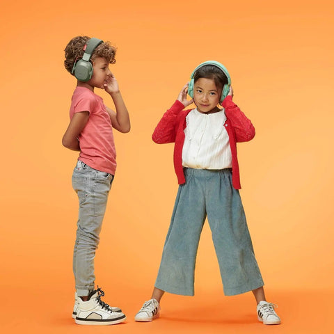 Two children wearing Kids Noise Canceling Headphones With 25 dB Sound Reduction Adjustable For Ages 3 To 16 CE And ANSI Certified