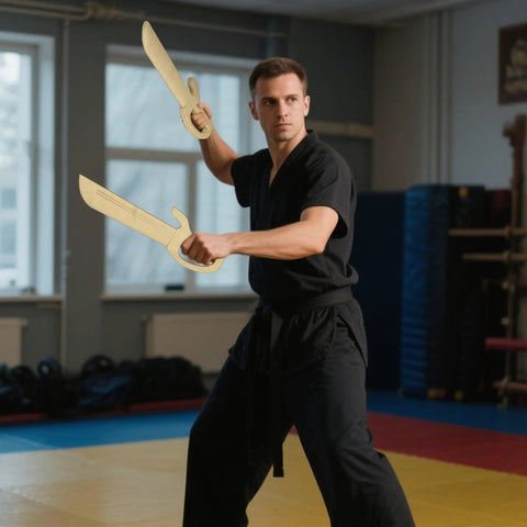Man practicing with Natural Hardwood Wing Chun Butterfly Swords Set For Kung Fu Training in a dojo
