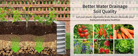 24 Inch Tall Galvanized Raised Garden Bed Kit For Outdoor Veggie Garden cross-section showing soil layers and drainage