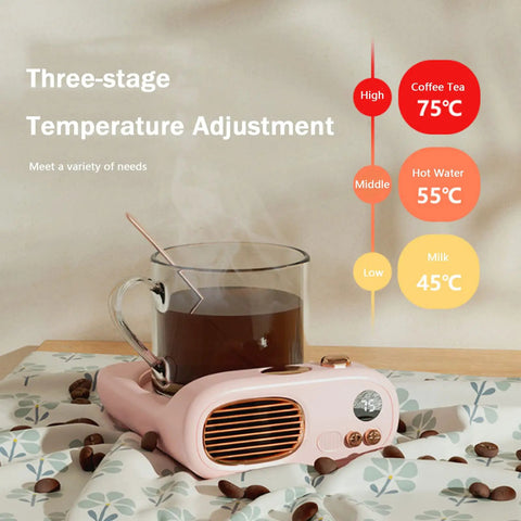 Keep Your Favorite Brew Piping Hot Desk Mug Warmer With Three Cozy Heat Levels And Gentle Glow Indicator For Home Office Coffee Cup Beverage Heater Continuously Locking In Ideal Sipping Temperatures Evergreen with a glass mug and pink warmer.