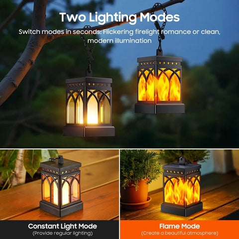 Must Have 4 Pack Dancing Flame Solar Lanterns Outdoor Waterproof With Upgraded Flickering Flame And Constant Modes hanging on a tree branch.