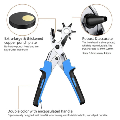 Leather Hole Punch Set With 240 Rivets, Heavy Duty Punch Plier And Belt Hole Puncher, Revolving Rivet Tool with blue handles