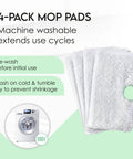 Pro Grade Replacement Microfiber Pads For Steam Mops 4 Pack, Washable and Reusable, with washing instructions and machine image