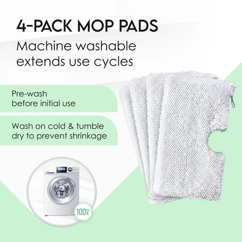 Pro Grade Replacement Microfiber Pads For Steam Mops 4 Pack, Washable and Reusable, with washing instructions and machine image