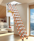 Electric Pull Down Attic Ladder Featuring Rock Solid Folding Design For Smooth Ceiling Access And Super Hella Strong Loft Stairs Supporting Over Five Hundred Pounds Safely Plus Top Tier Indoor Home Setup in living room with wooden ceiling.